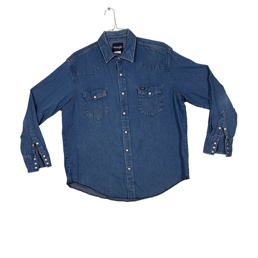 Wrangler Mens Denim Western Pearl Snap Shirt Blue Medium Wash 70127MW 17.5x35